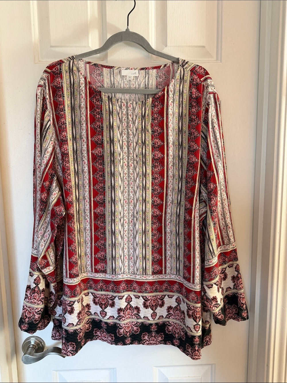 J. Jill Red and Cream Boho-Print Long Sleeve Tunic XXXXL